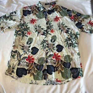 Red and Green Casual Button Down Shirt with Tropical Print